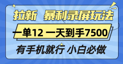 拉新暴利录屏玩法，一单12块，一天到手7500，有手机就行