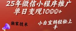 25年微信小程序推广单日变现多张，独家技术，小白宝妈轻松上手【揭秘】