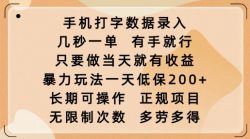 手机打字数据录入，几秒一单，有手就行，只要做当天就有收益，暴力玩法一天低保2张