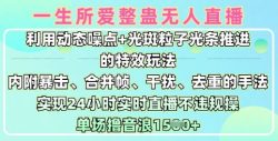 一生所爱无人整蛊升级版9.0，利用动态噪点+光斑粒子光条推进的特效玩法，实现24小时实时直播不违规操，单场日入1.5k